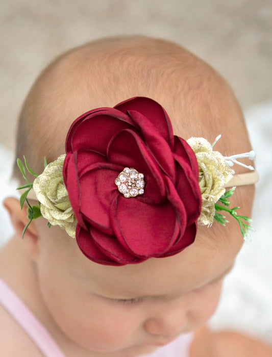 Layered Red & Champagne Petal Flower Headband On Model
