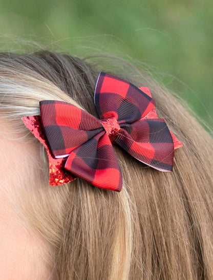 Red & Black plaid bow on model - close up