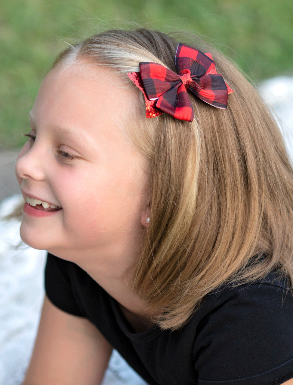 Red & Black plaid bow on model