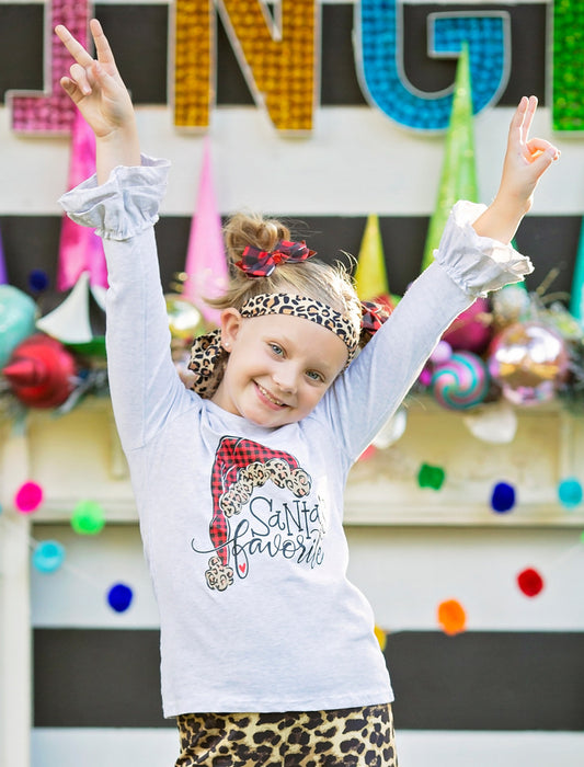 This bell sleeved top is heathered oatmeal with a cute graphic & comes with an animal print hair tie - perfect for using in a ponytail or as a headband.